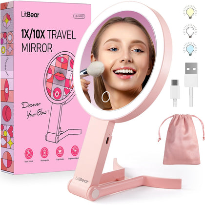LitBear Travel Makeup Mirror front view with LED lights
