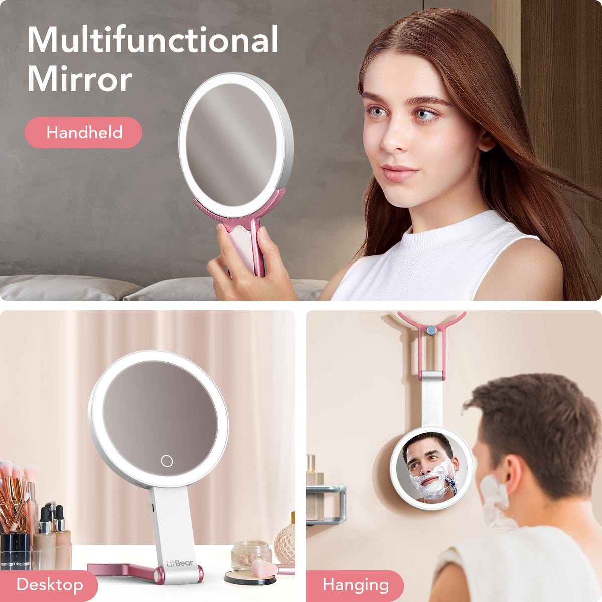 LitBear Travel Makeup Mirror portable design with foldaway handle