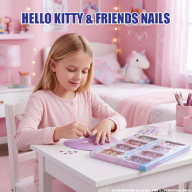 Little girl applying Hello Kitty press-on nails at home