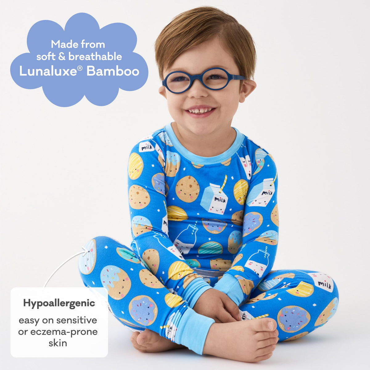 Little Sleepies Kids Pajama Set Blue Cookies & Milk matching prints