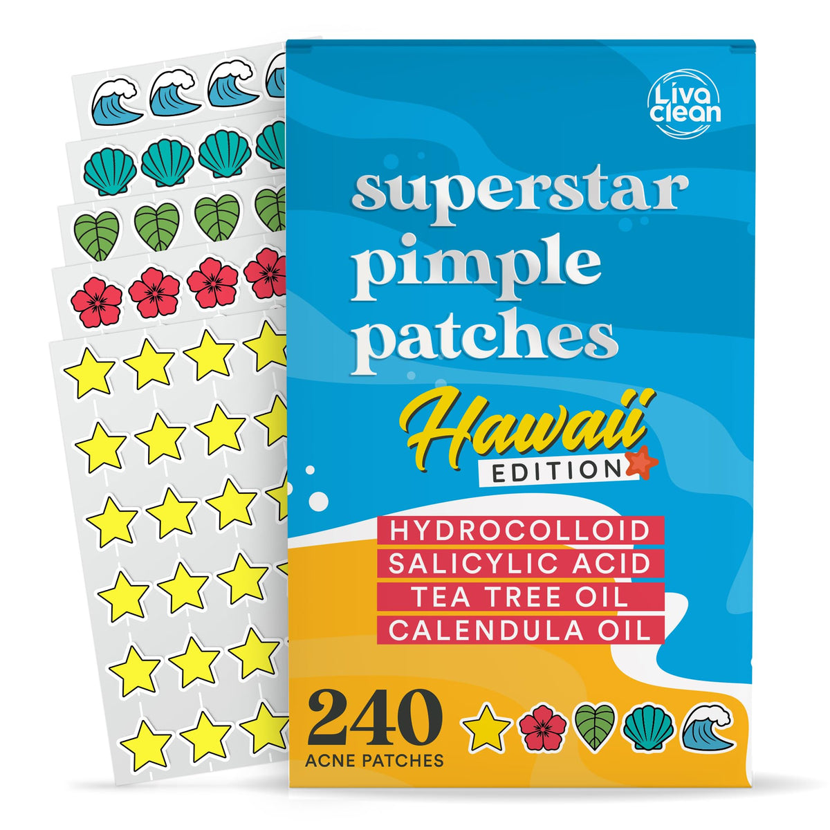 LivaClean Cute Pimple Patches 240 CT front view with beach-inspired designs