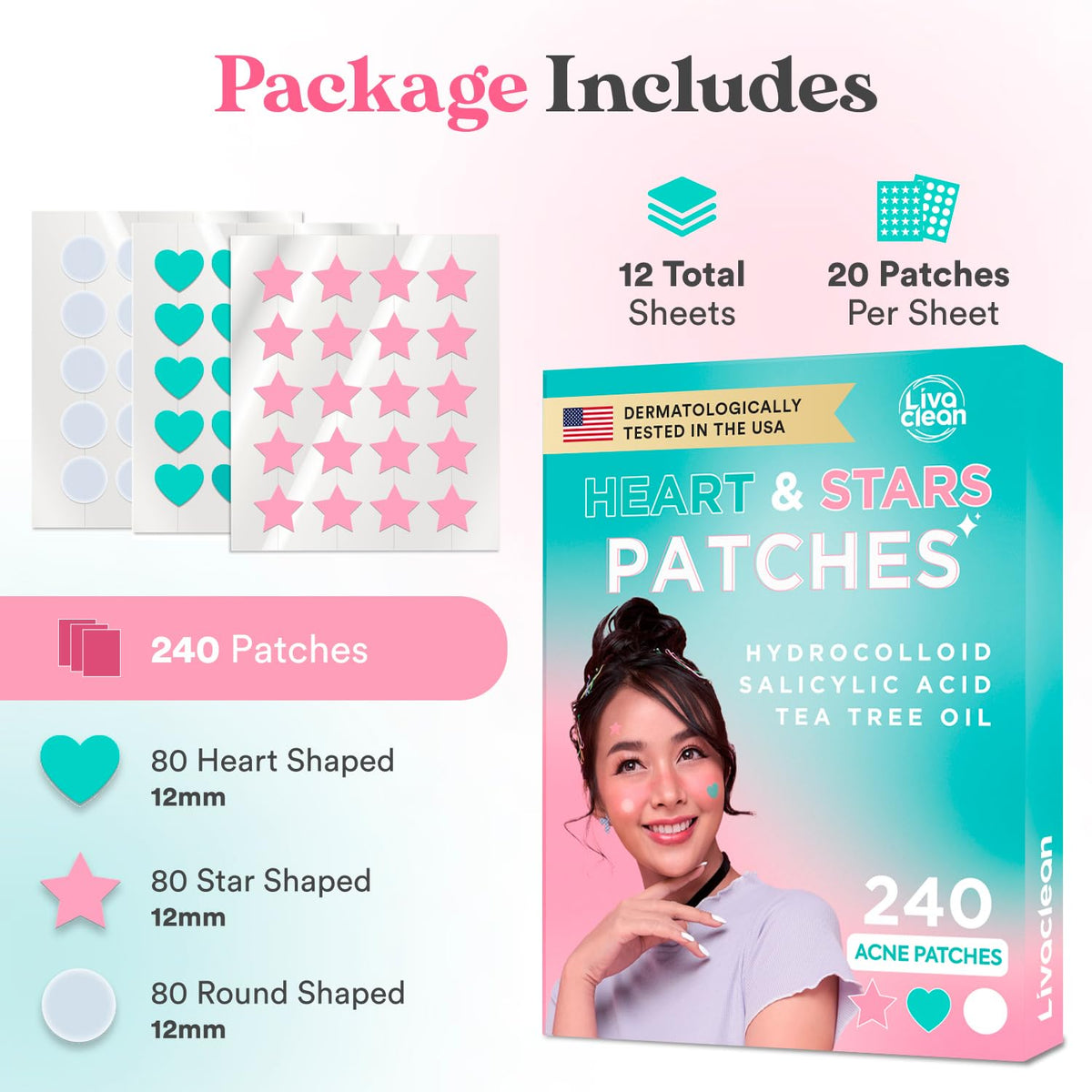 LivaClean Heart & Star Pimple Patch showing heart and star designs