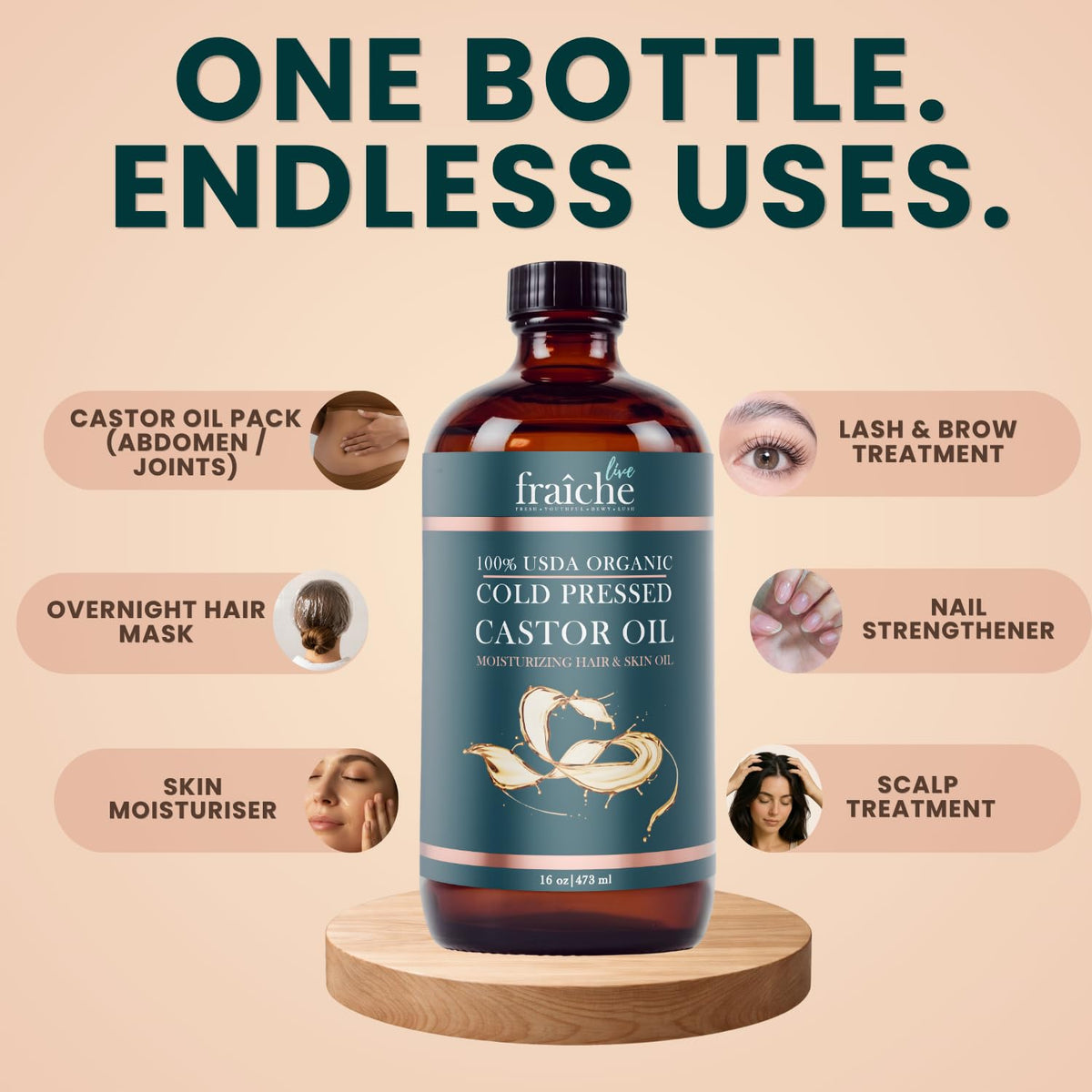 Live Fraiche Castor Oil Cold Pressed Glass Bottle with plants