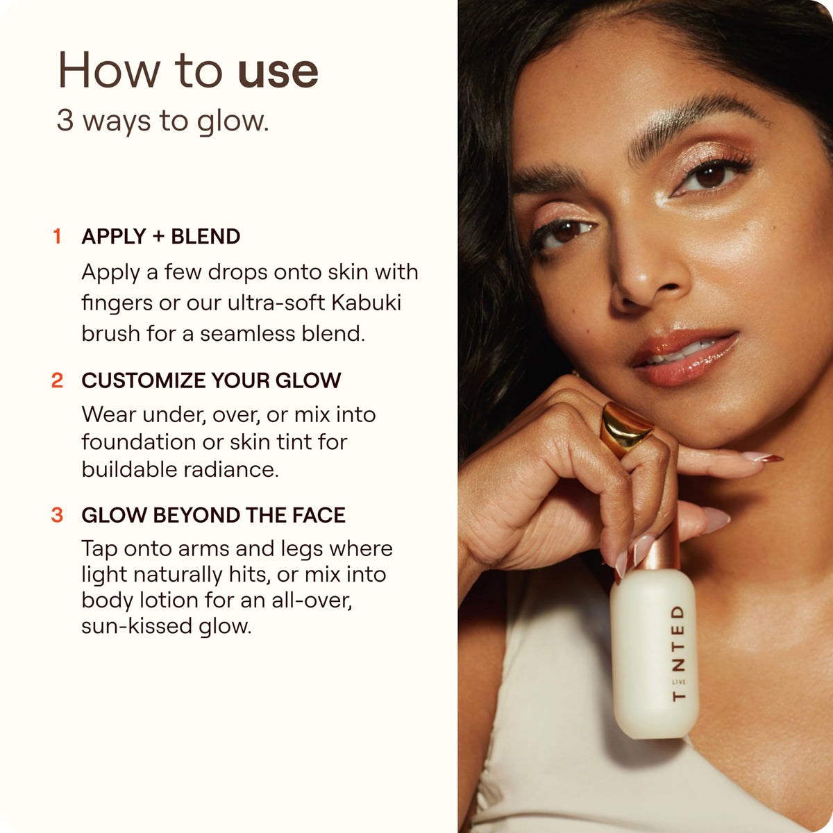 Live Tinted Hueglow Mini Liquid Highlighter Drops Moonlight with makeup brushes
