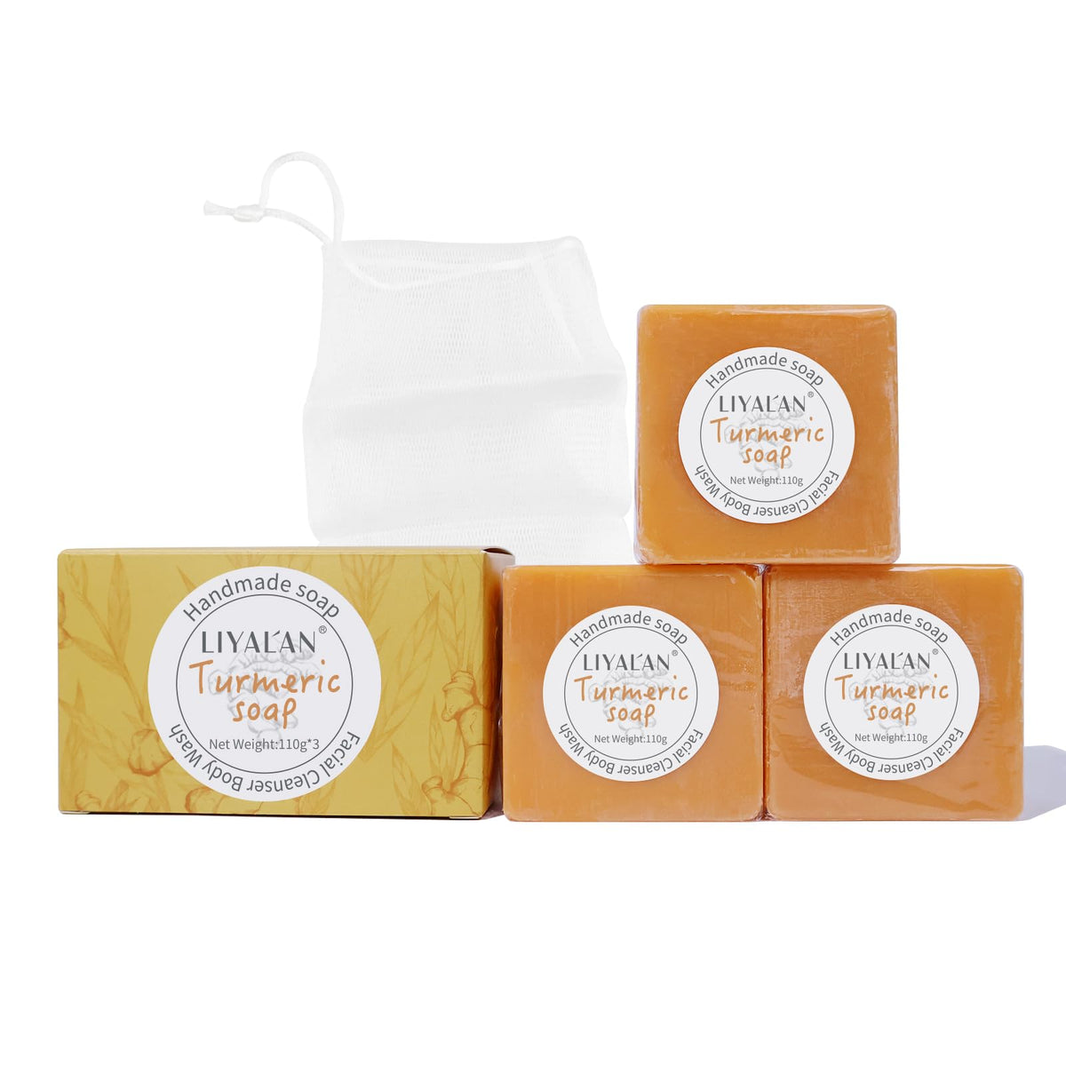 LIYALAN Turmeric Soap Bar ingredients list on packaging