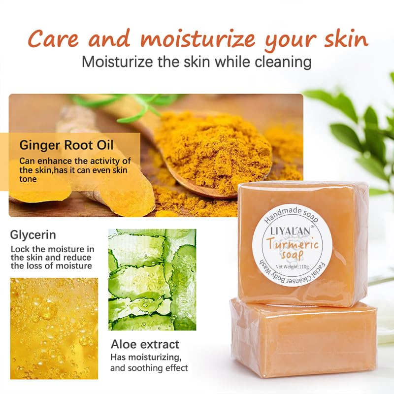 LIYALAN Turmeric Soap Bar with foaming net for deeper cleansing