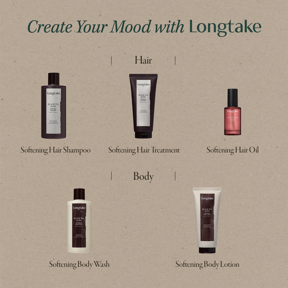 LONGTAKE Hair Fragrance Oil Black Tea & Fig with other hair care products