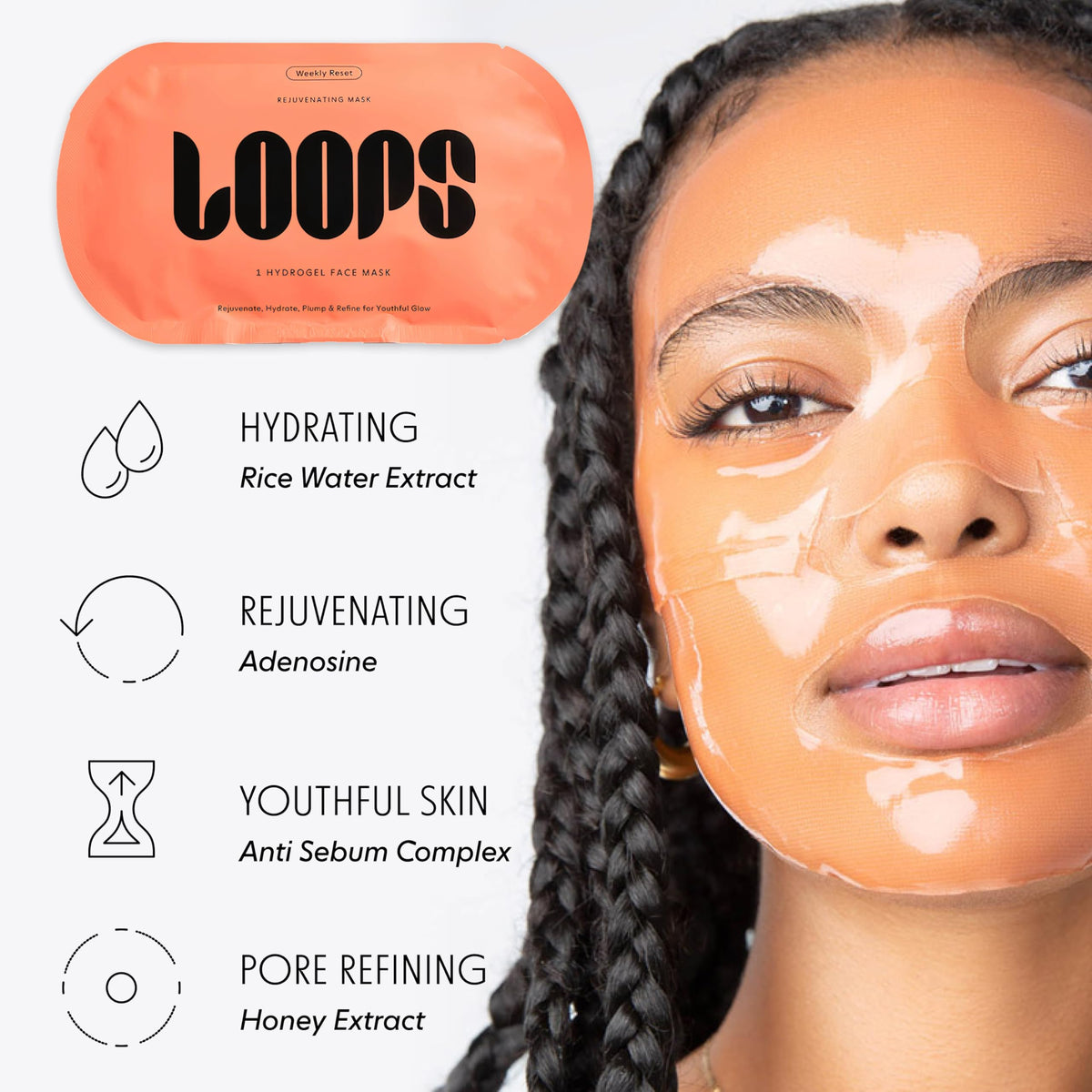 LOOPS hydrogel mask in use, showing skin hydration