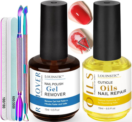 LOUINSTIC Gel Polish Remover Kit contents including cuticle oil and tools