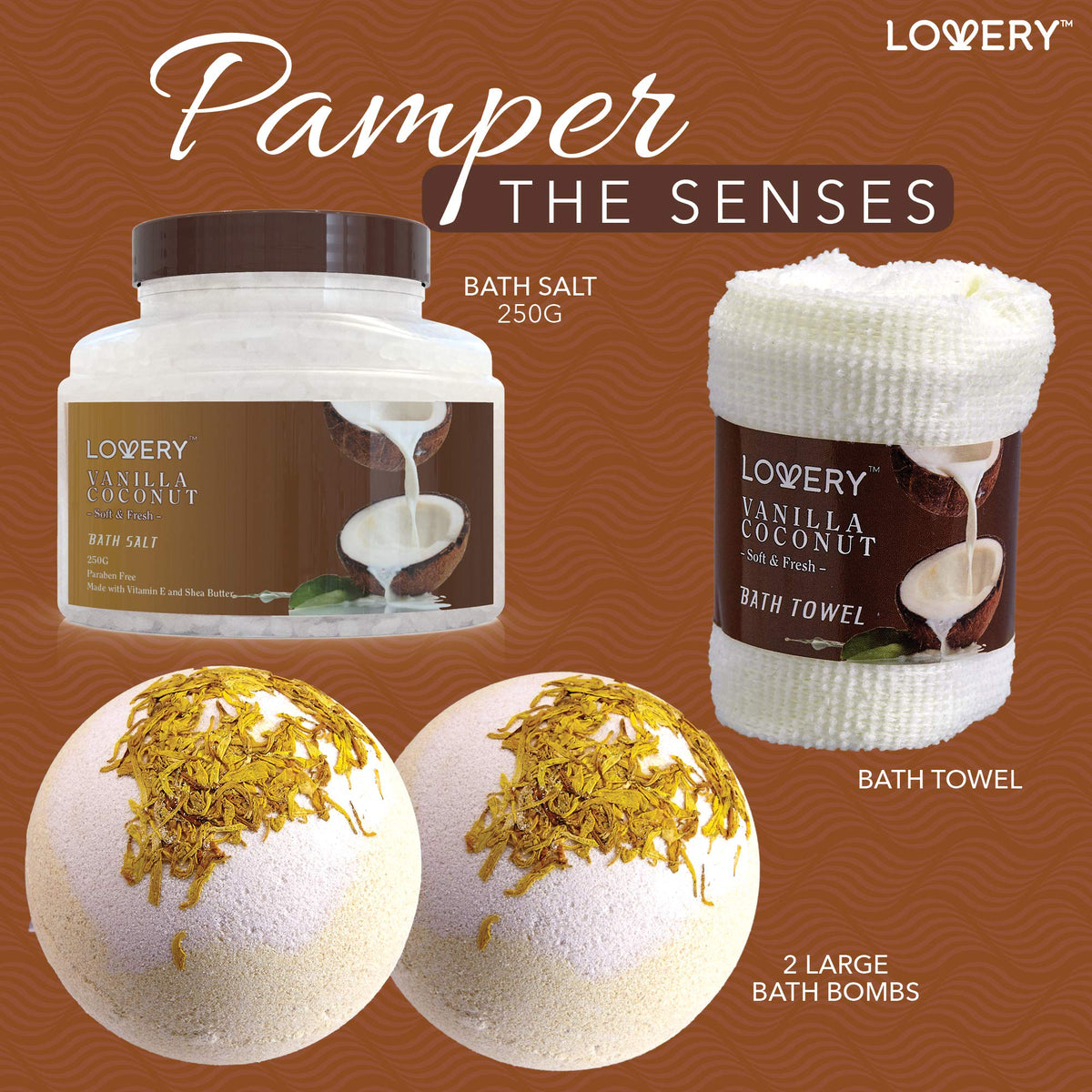 LOVERY Bath Bombs and Bath Salt displayed in the basket