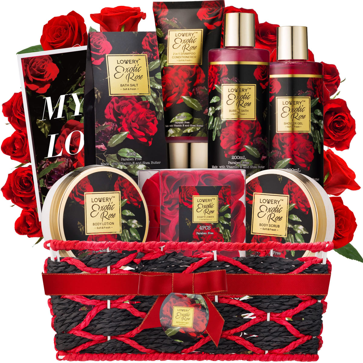 LOVERY Spa Bath and Body Gift Set 13 Piece Red Rose Kit front view