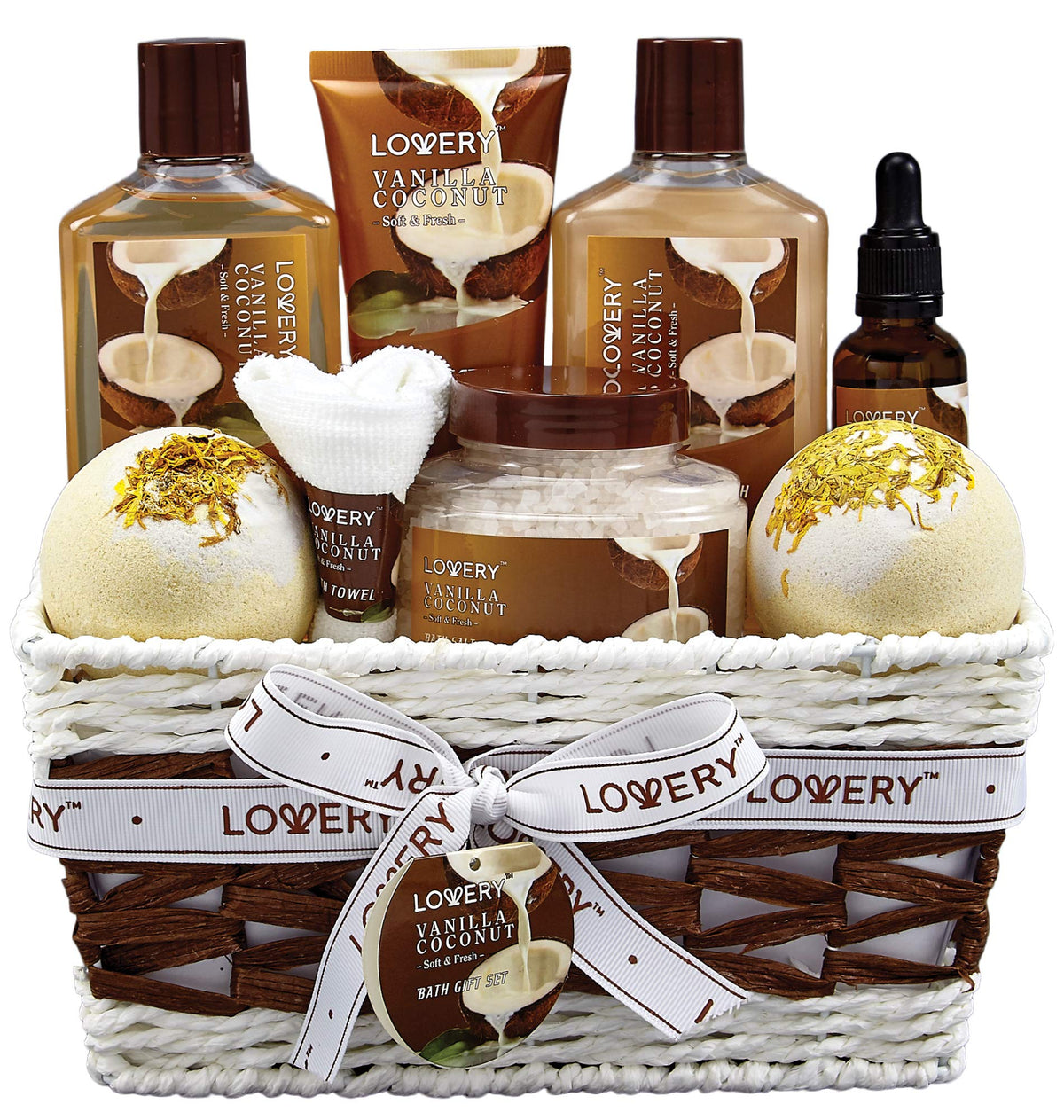 LOVERY Spa Gift Basket front view with 9 pieces including bath products