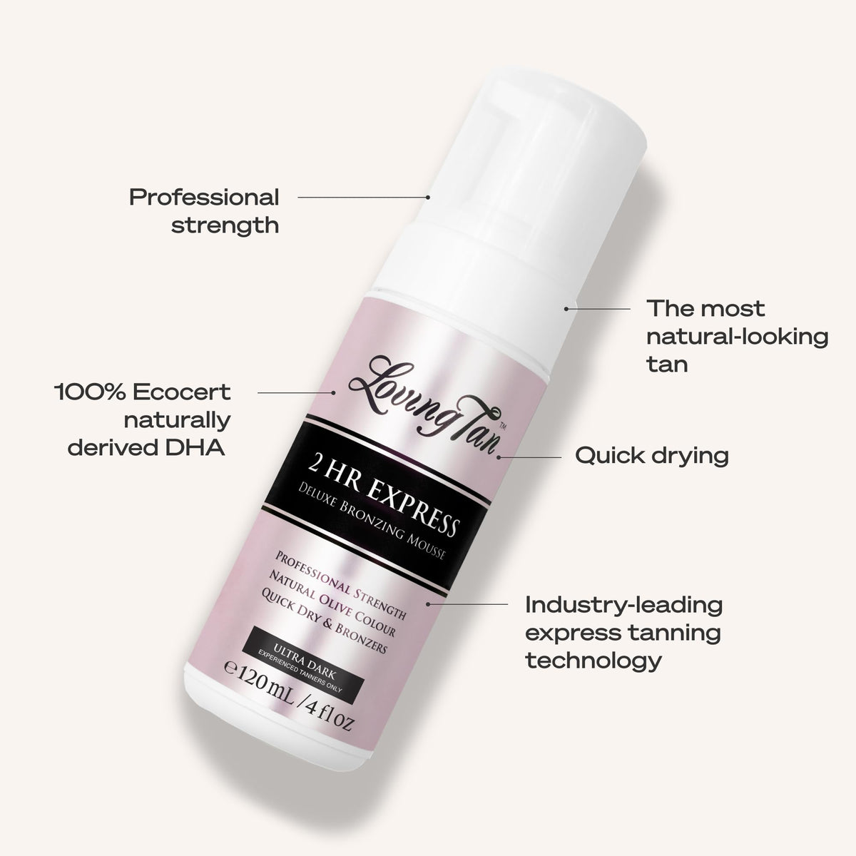 Loving Tan 2 HR Express Self Tanning Mousse Ultra Dark bottle side view