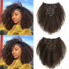 Loxxy Afro Kinky Curly Clip Ins front view showing natural black and light chocolate brown colour