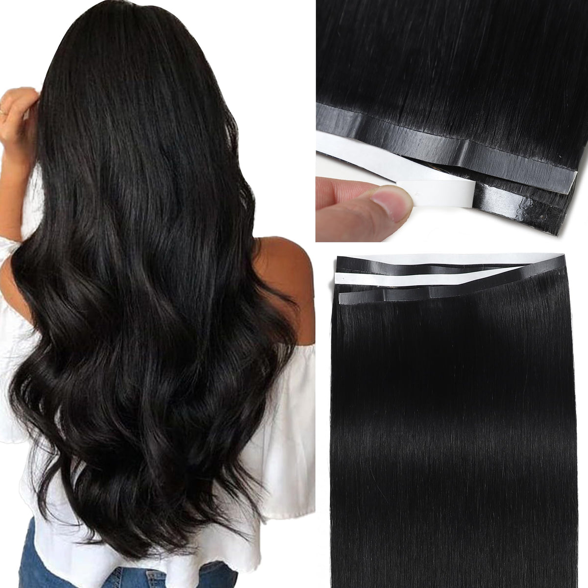 Loxxy Long Wide Tape In Hair Extensions Jet Black front view
