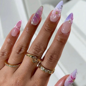LPOODDNU 24Pcs almond press on nails with 3D flower design