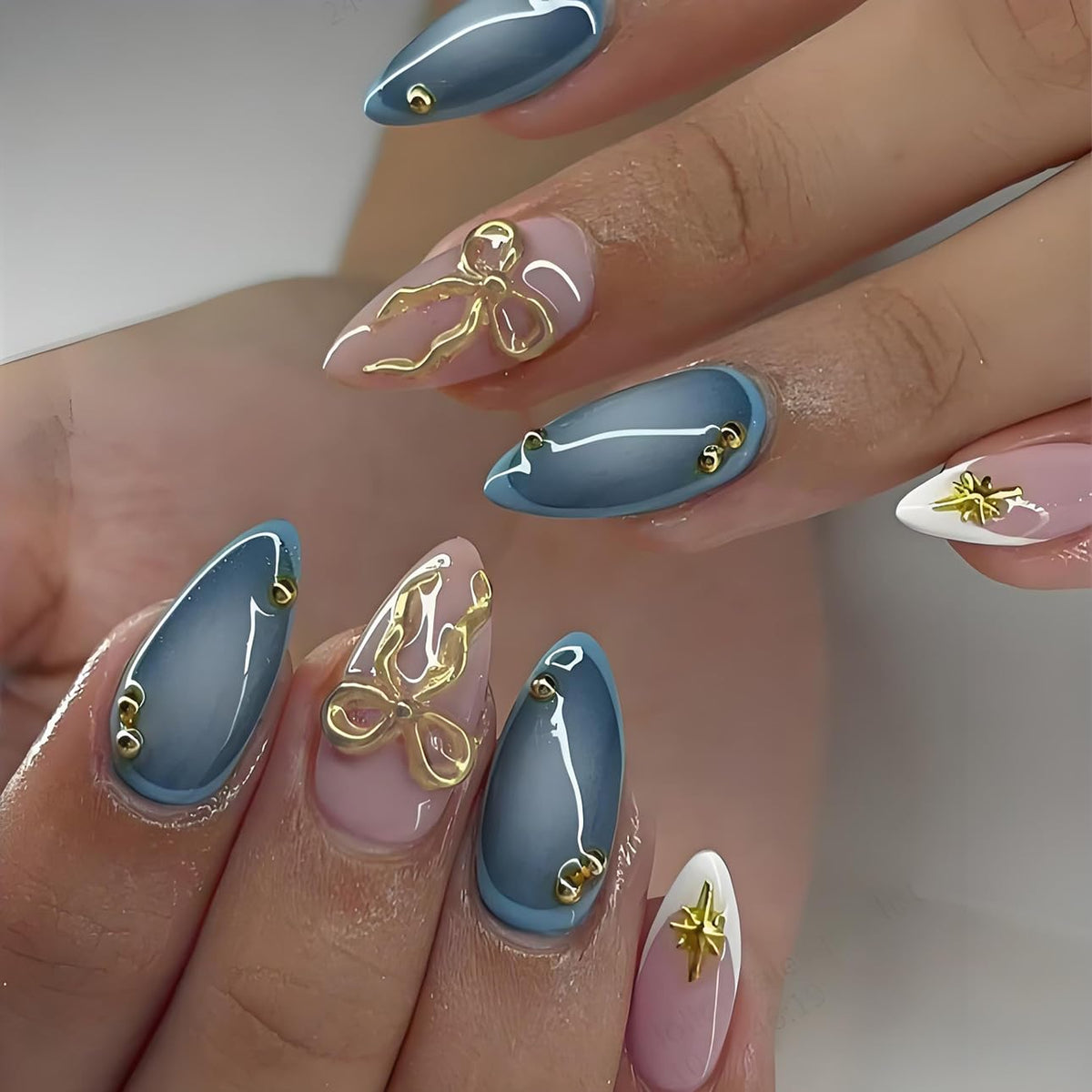 LPOODDNU 24Pcs Medium Blue Almond Press On Nails with French Tips