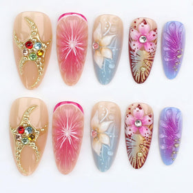 LPOODDNU 3D Colourful Flower Press On Nails close-up with gold bead designs