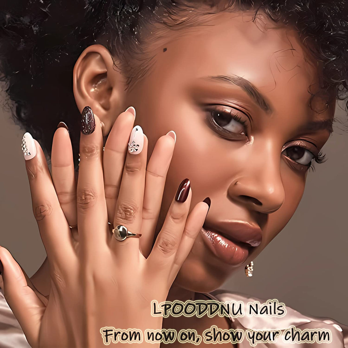 LPOODDNU 3D Colourful Flower Press On Nails displayed on a hand