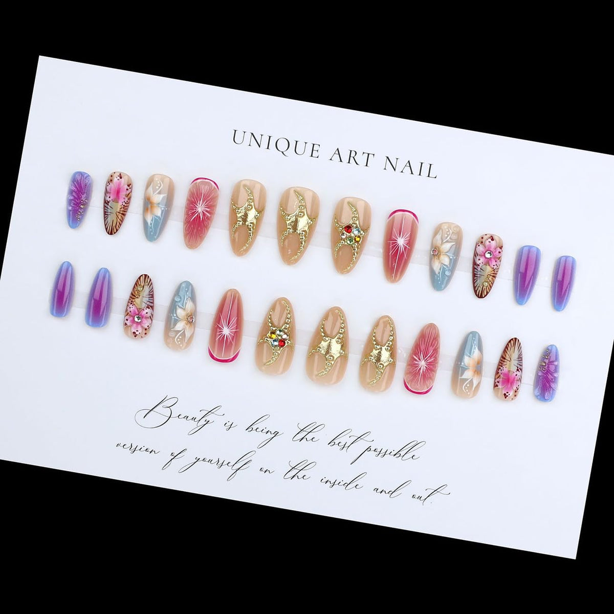 LPOODDNU 3D Colourful Flower Press On Nails in different sizes