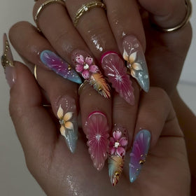 LPOODDNU 3D Colourful Flower Press On Nails with rose pink gradient