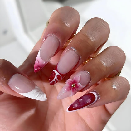 LPOODDNU 3D Flower Press on Nails Almond front view with medium red French tips