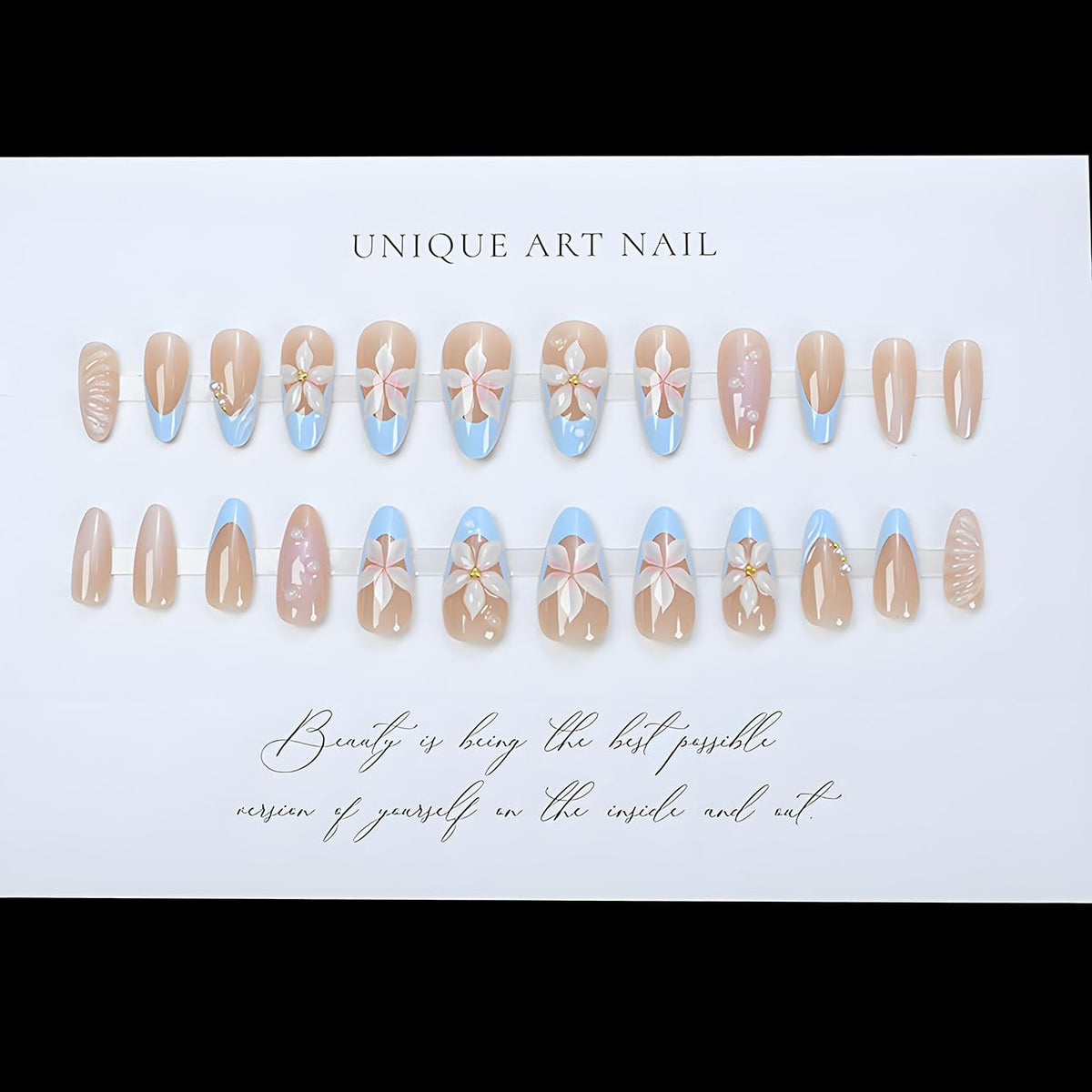 LPOODDNU Almond Flower Pearl Press On Nails in packaging