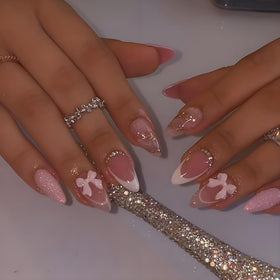LPOODDNU Almond French Tip Press on Nails 24Pcs medium pink front view