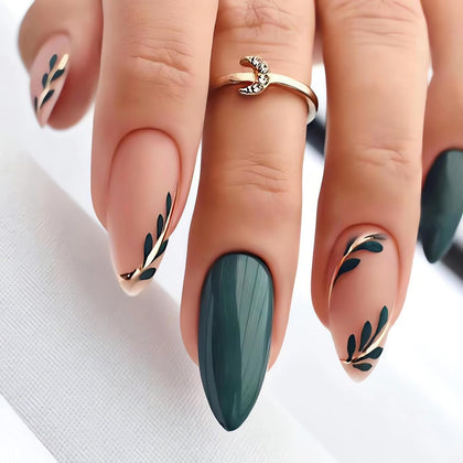 LPOODDNU Almond Press on Nails dark green front view with leaf designs