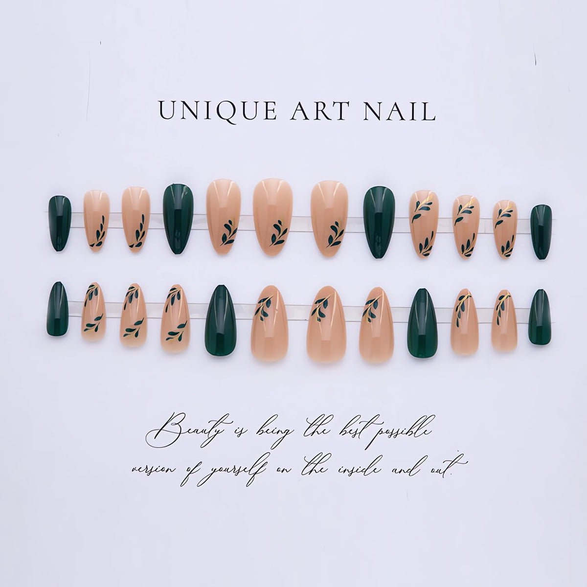 LPOODDNU Almond Press on Nails dark green side view showing nail shapes