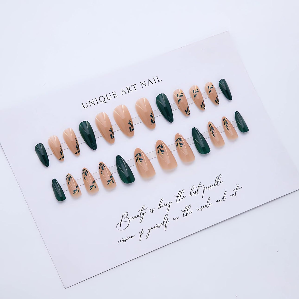 LPOODDNU Almond Press on Nails dark green with glue stickers packaging