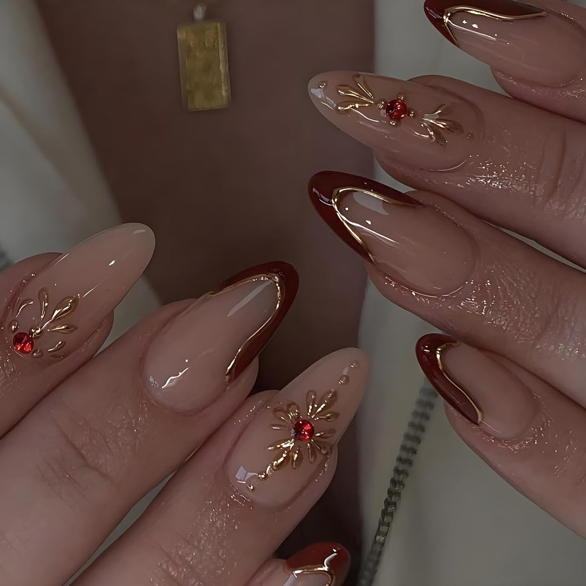 LPOODDNU Almond Red French Tip Press on Nails front view