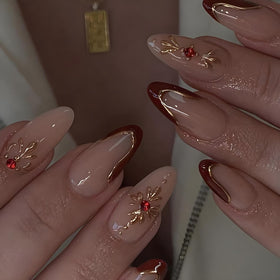 LPOODDNU Almond Red French Tip Press on Nails front view