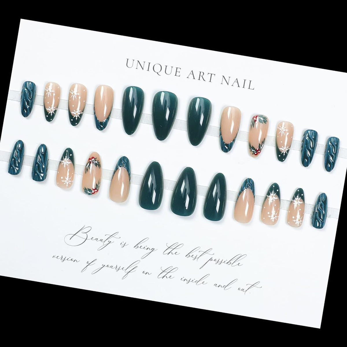 LPOODDNU Christmas Press On Nails Almond Green French Tip close-up of designs