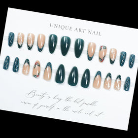 LPOODDNU Christmas Press On Nails Almond Green French Tip close-up of designs