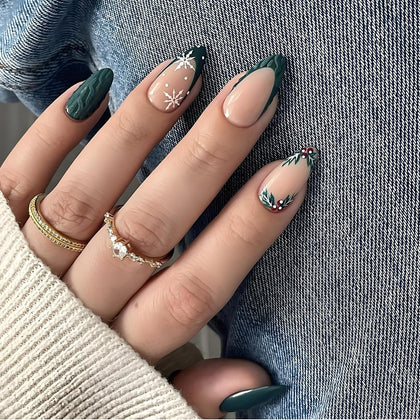 LPOODDNU Christmas Press On Nails Almond Green French Tip front view