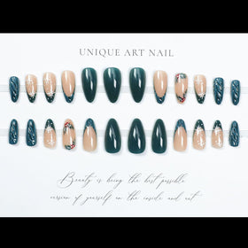 LPOODDNU Christmas Press On Nails Almond Green French Tip in use on hands