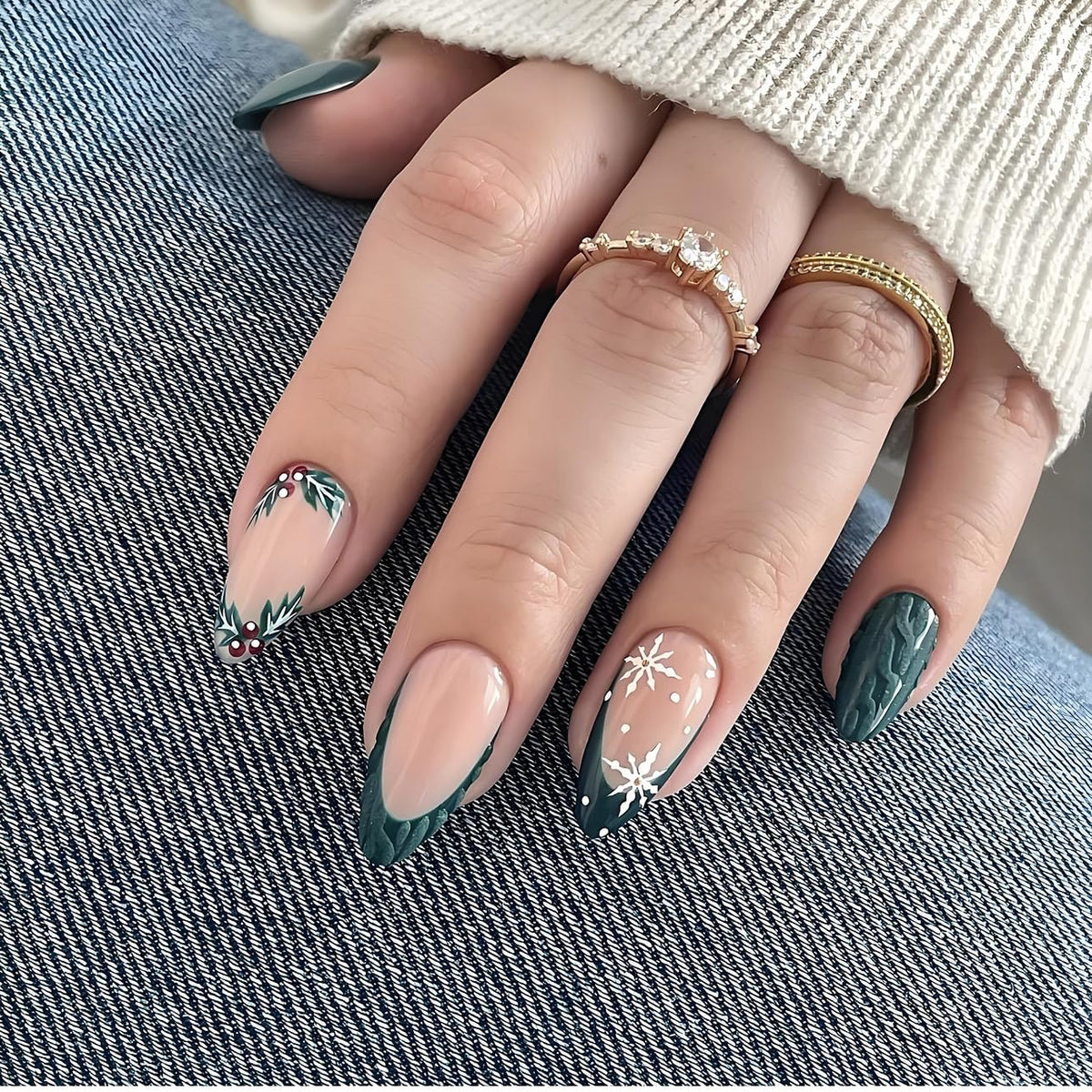 LPOODDNU Christmas Press On Nails Almond Green French Tip packaging