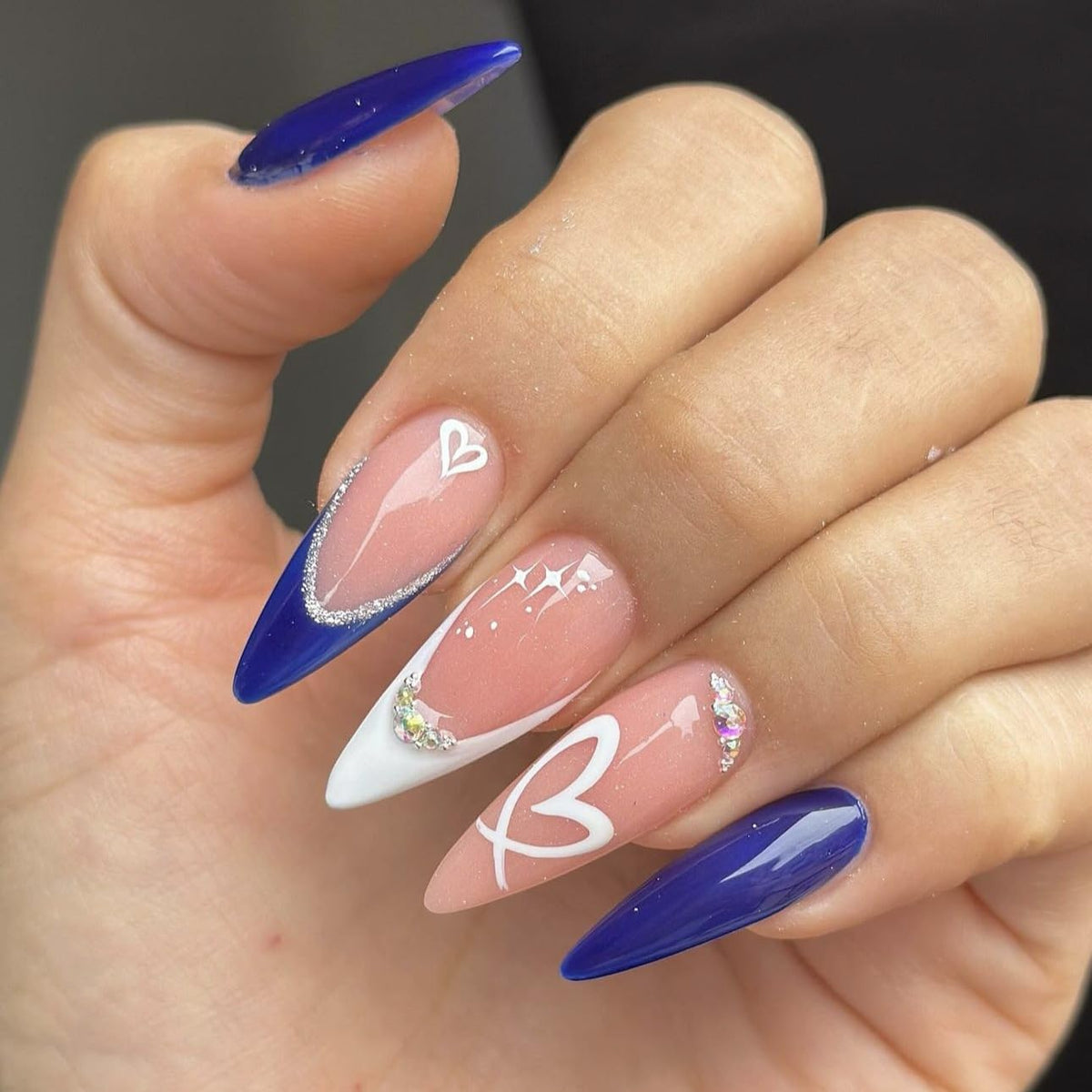 LPOODDNU Press on Nails Almond Medium blue French tip front view