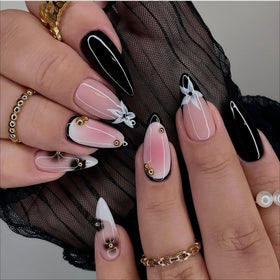 LPOODDNU Press On Nails almond shape front view with flower designs