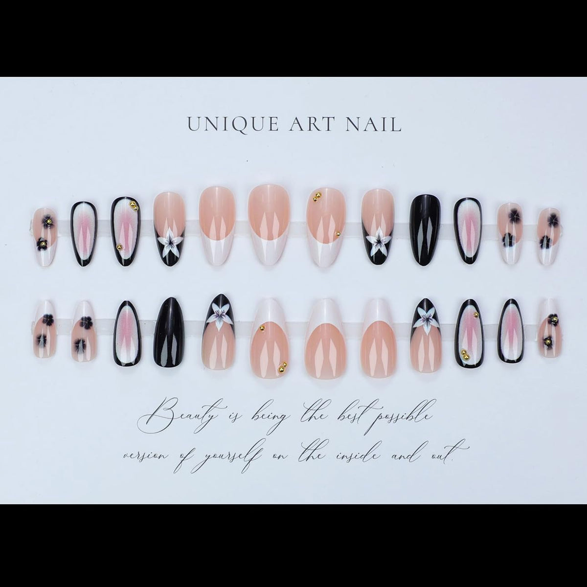 LPOODDNU Press On Nails almond shape with gold bead designs
