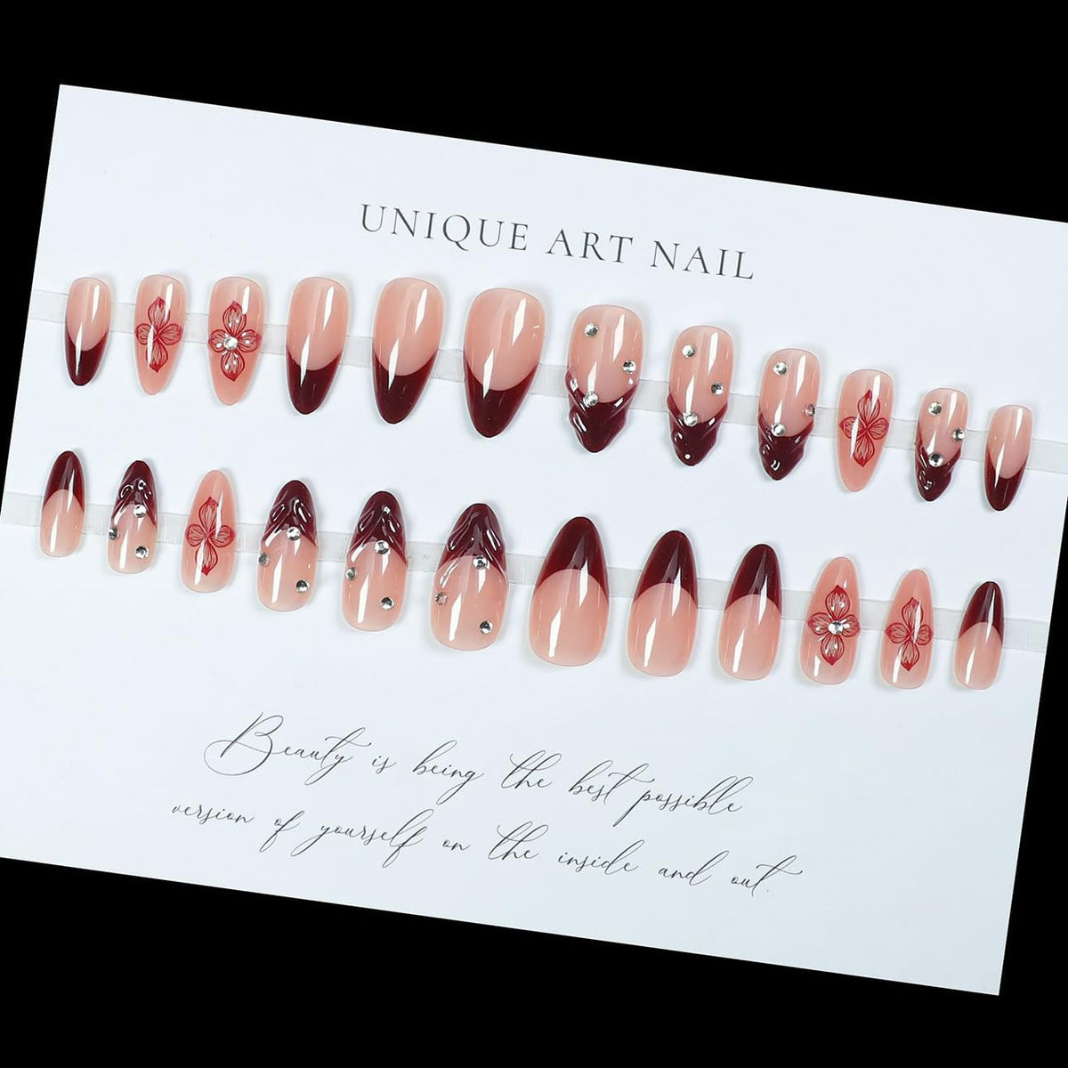 LPOODDNU Red French Tip Press on Nails Almond close-up of design