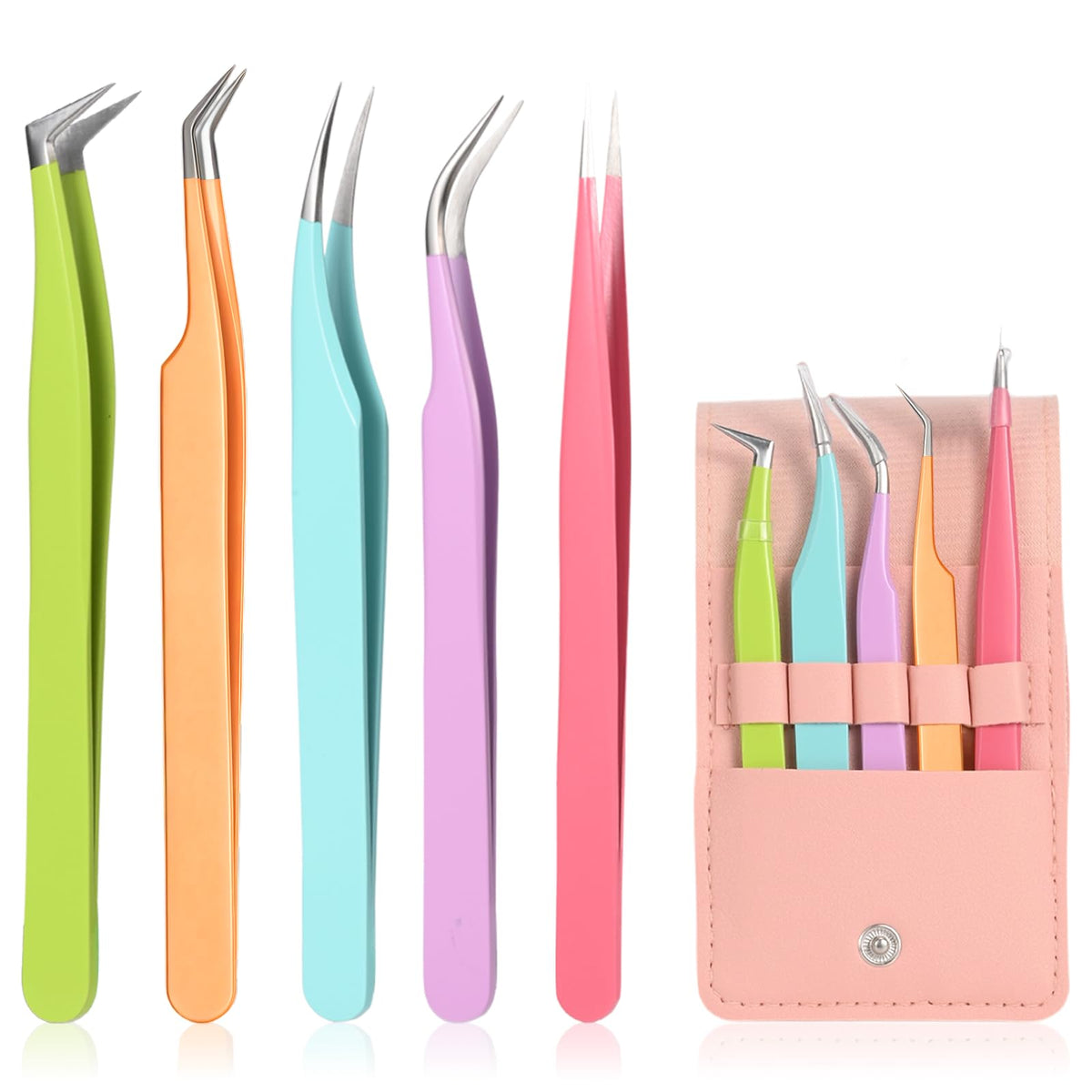 LQOQA Eyelash Extension Tweezers Set with five tools in leather case