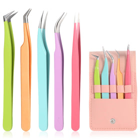 LQOQA Eyelash Extension Tweezers Set with five tools in leather case