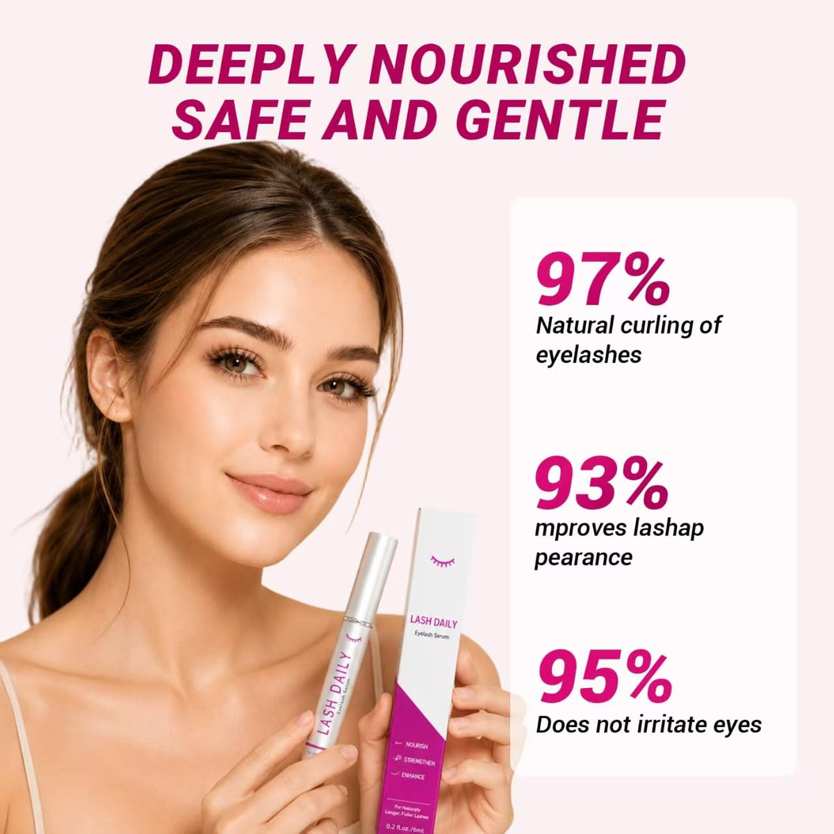 LRLAY Lash Serum packaging with 15 plant extracts listed