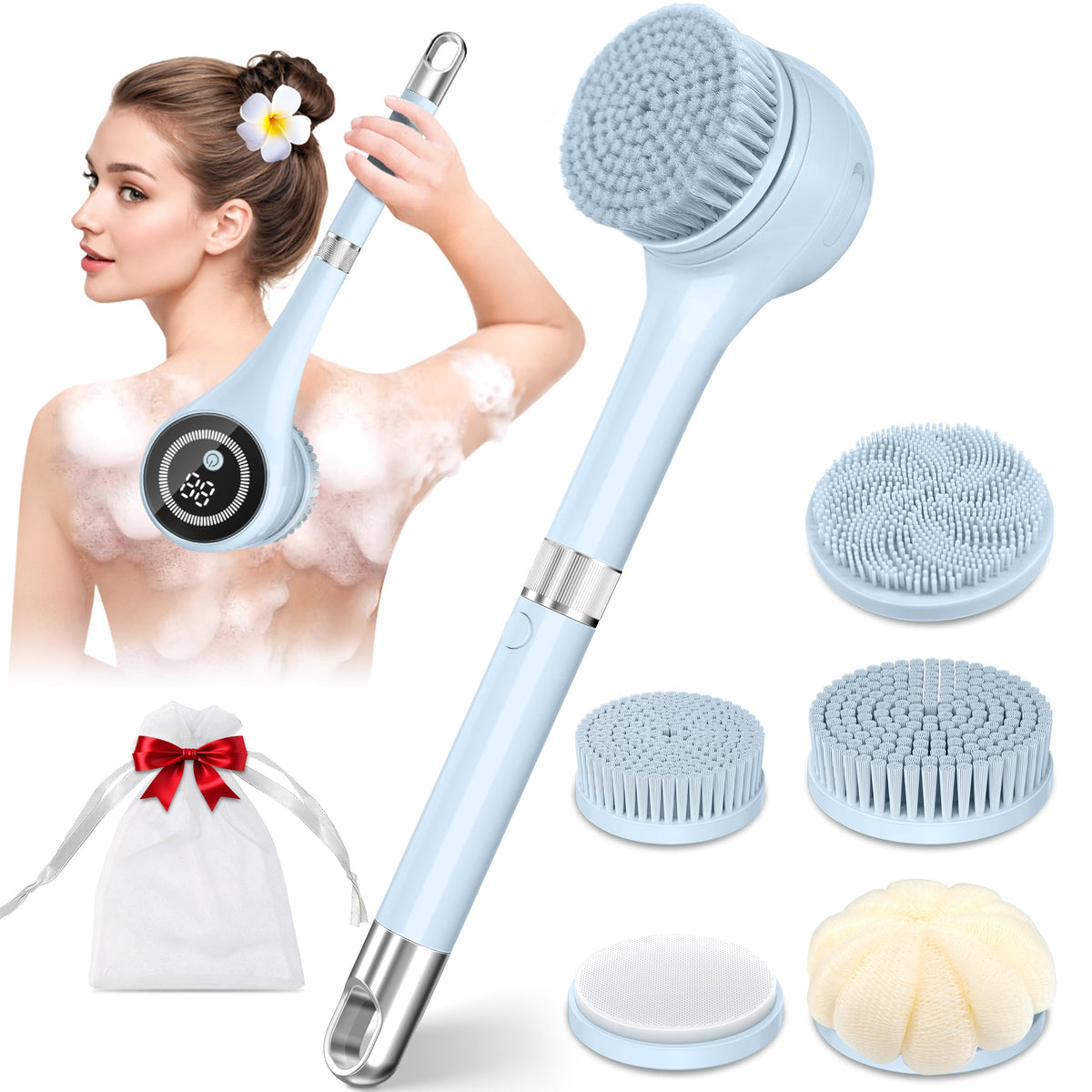 LUBEJR Electric Body Brush Back Scrubber front view with 5 brush heads