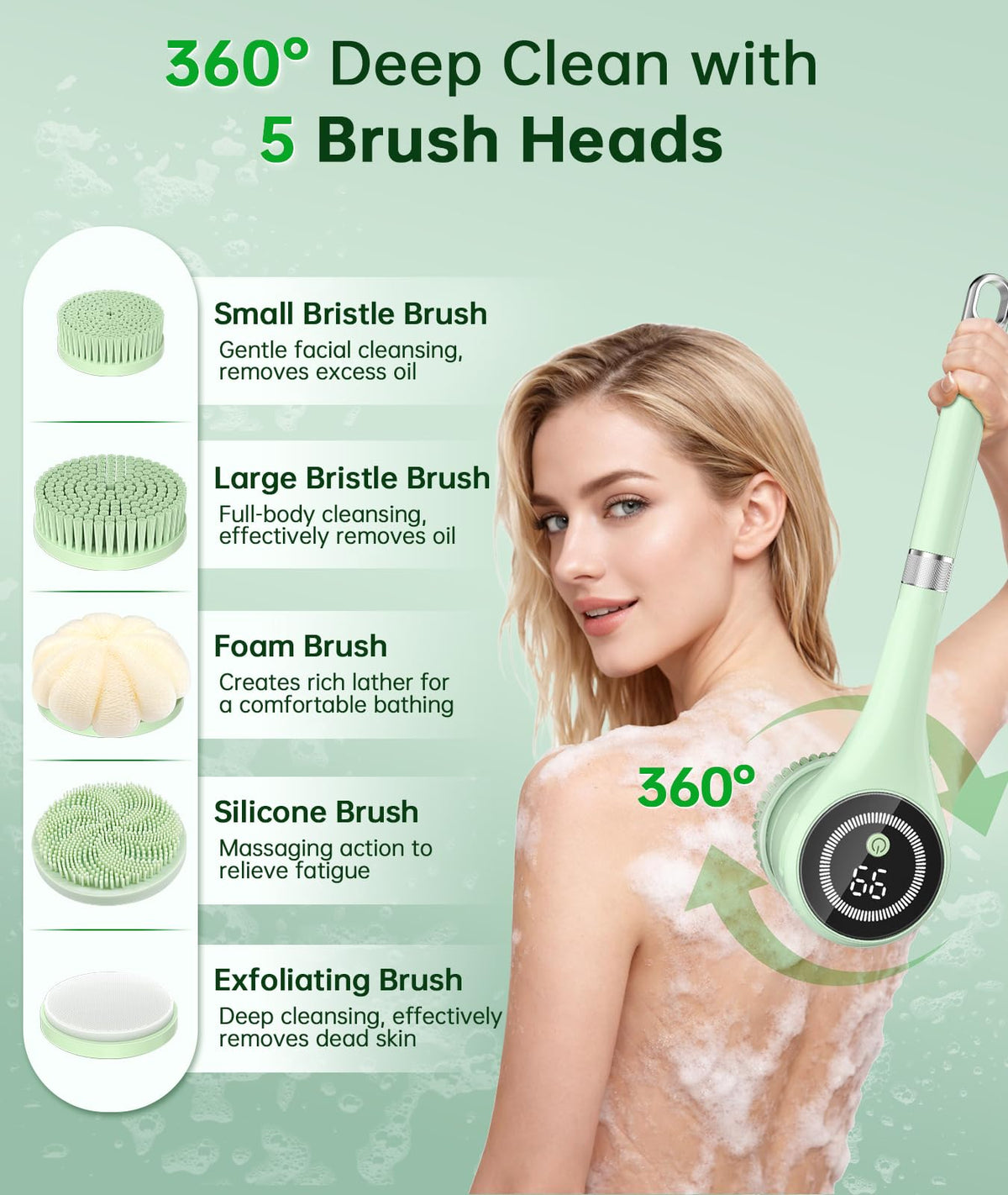 LUBEJR Electric Body Brush with 5 interchangeable brush heads