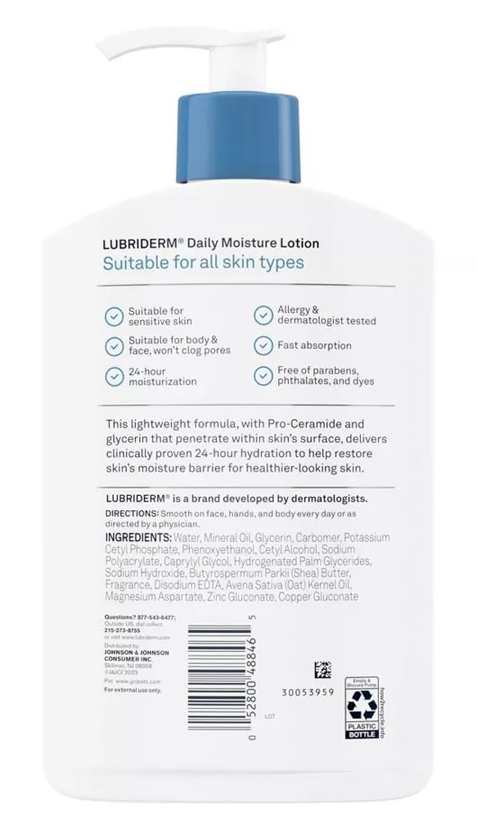 Lubriderm Daily Moisture Lotion 16oz back view with ingredient list