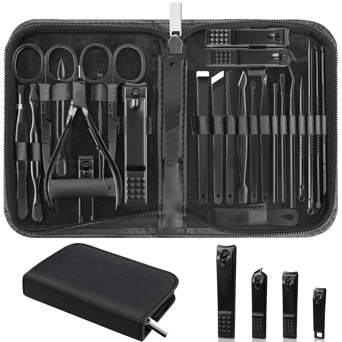 LUCK AROUND 26Pcs Manicure Set in black leather case front view