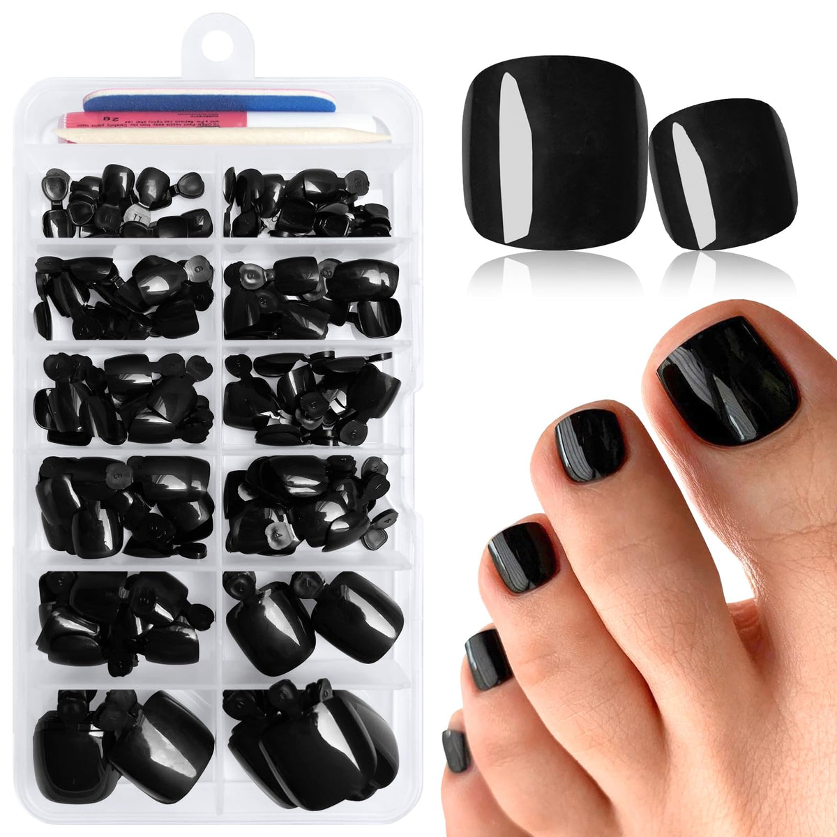LuckForever 168pc black press on toenails kit front view